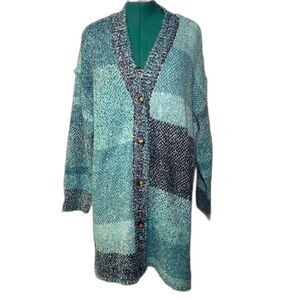 NEW Coldwater Creek Flint Creek Cardigan aqua sea multi-color patchwork knit 2X